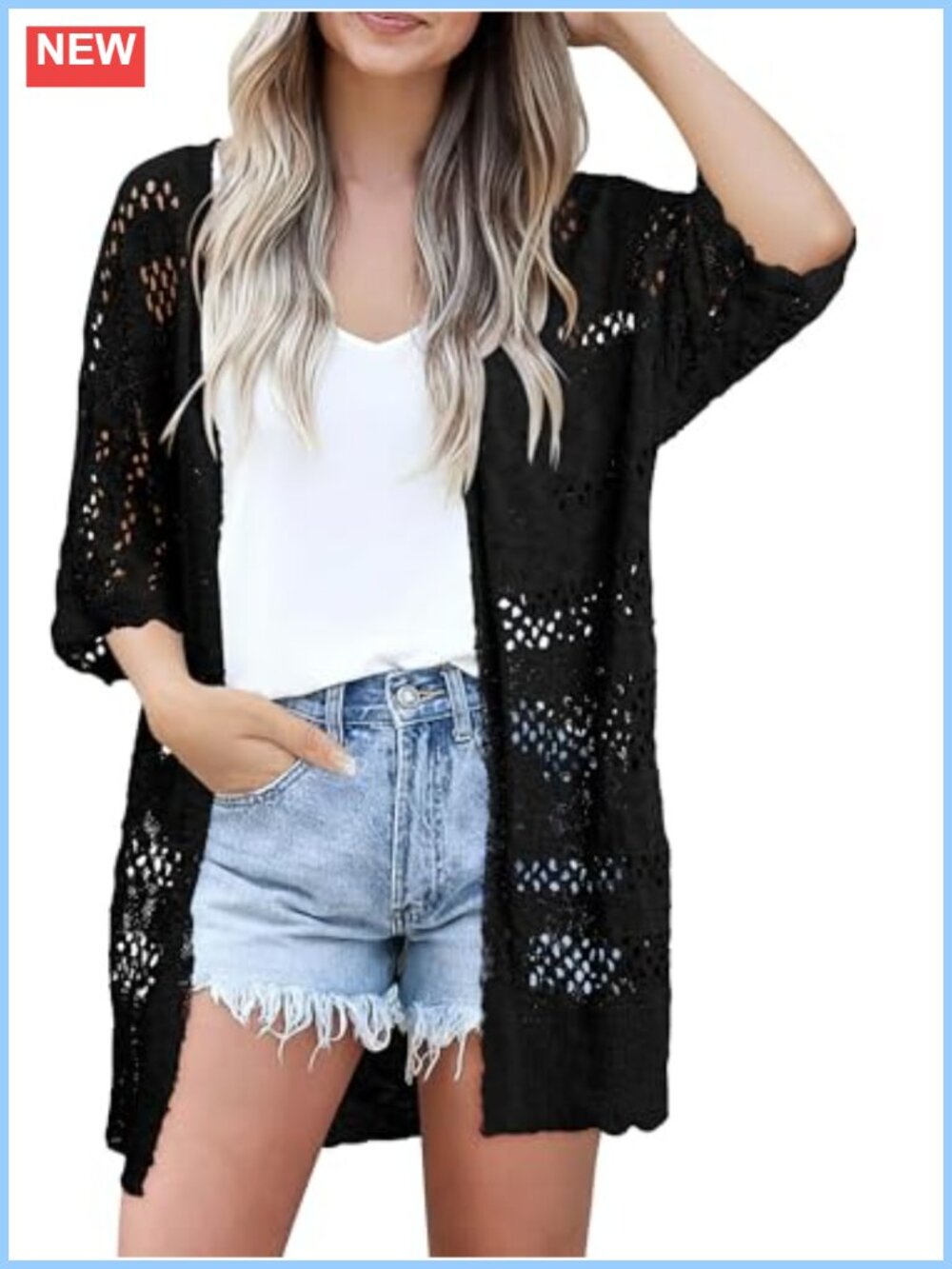 Crochet Knit Open Front Cardigan Short Sleeve Boho Sweater